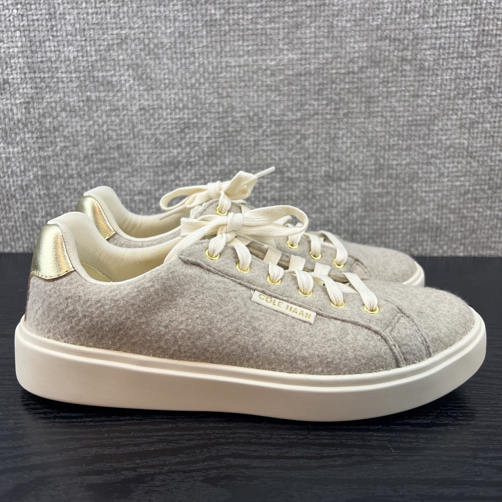 Cole Haan Grand Crosscourt SneakerGray Ivory Lace Up Women Size 6.5 Gold‎ Accent